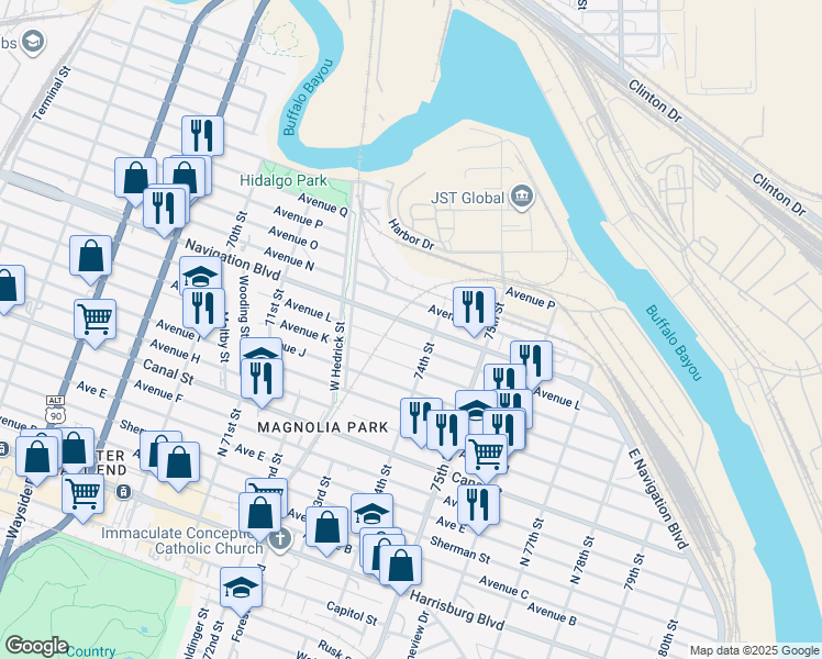 map of restaurants, bars, coffee shops, grocery stores, and more near 7251 Navigation Boulevard in Houston