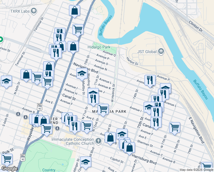 map of restaurants, bars, coffee shops, grocery stores, and more near 7143 Avenue L in Houston