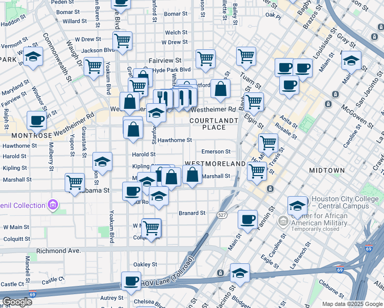 map of restaurants, bars, coffee shops, grocery stores, and more near 3403 Audubon Place in Houston