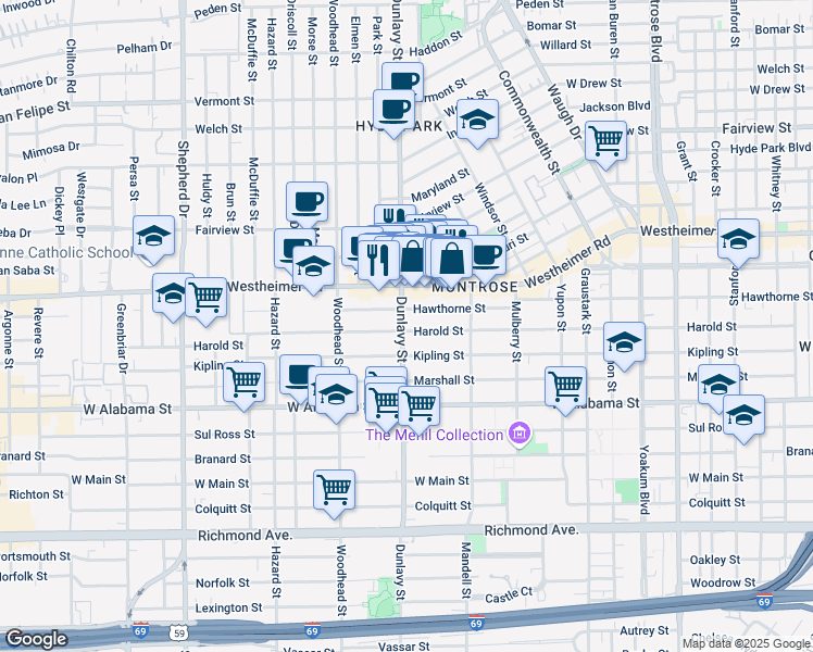 map of restaurants, bars, coffee shops, grocery stores, and more near 1652 Hawthorne Street in Houston