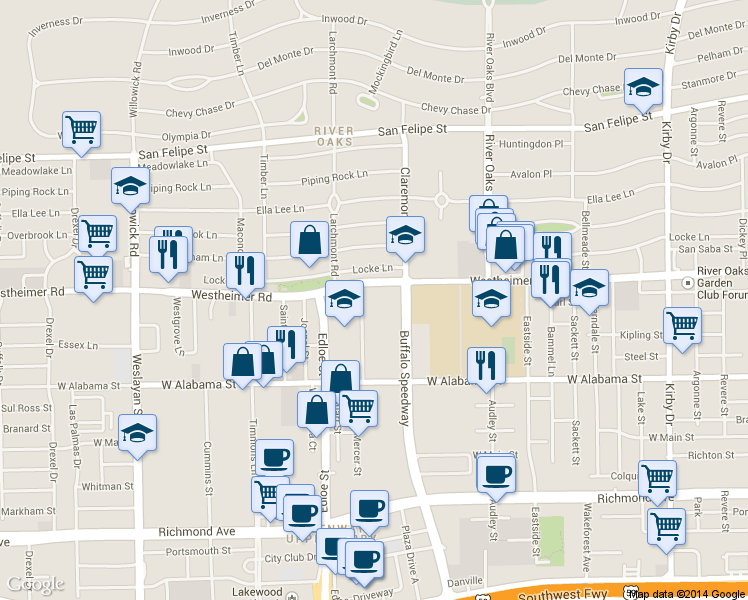 map of restaurants, bars, coffee shops, grocery stores, and more near 3433 Westheimer Road in Houston