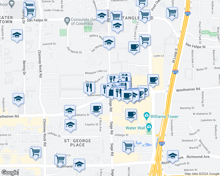 map of restaurants, bars, coffee shops, grocery stores, and more near 5211 Chesapeake Way in Houston
