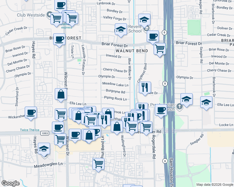 map of restaurants, bars, coffee shops, grocery stores, and more near 10630 Burgoyne Road in Houston