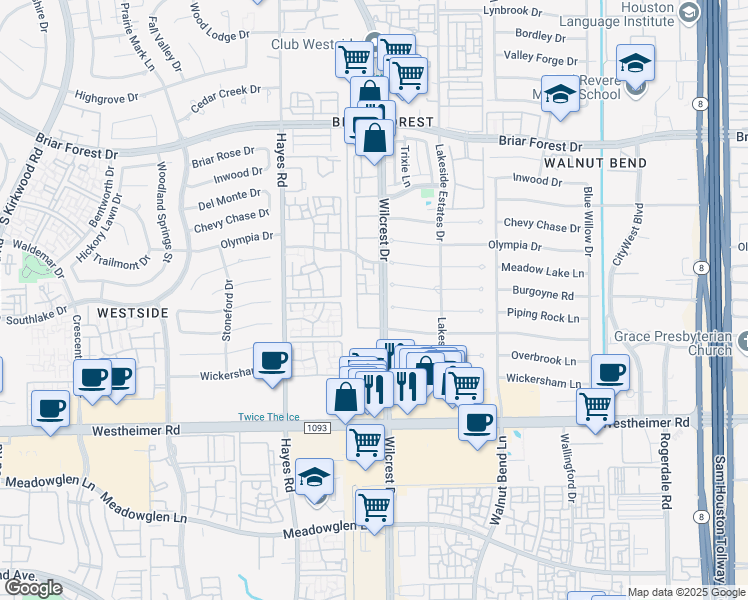 map of restaurants, bars, coffee shops, grocery stores, and more near 2300 Wilcrest Drive in Houston