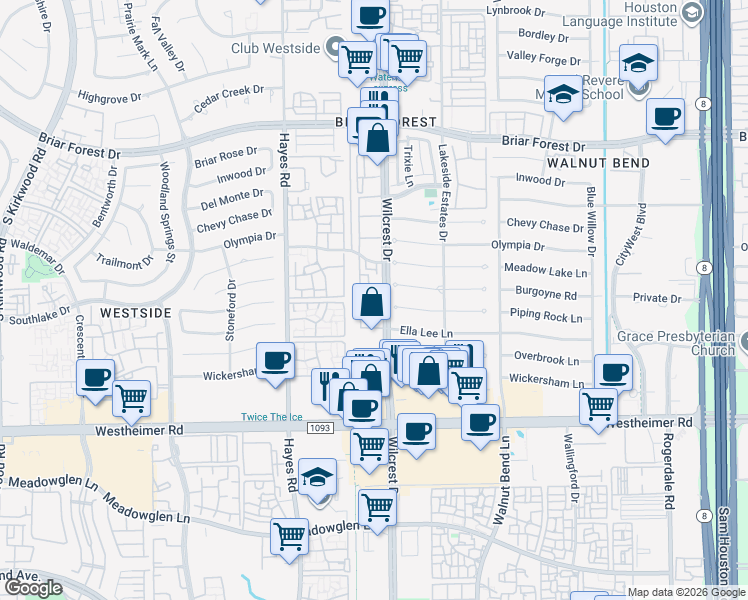 map of restaurants, bars, coffee shops, grocery stores, and more near 2300 Wilcrest Drive in Houston
