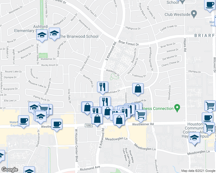map of restaurants, bars, coffee shops, grocery stores, and more near 2277 South Kirkwood Road in Houston