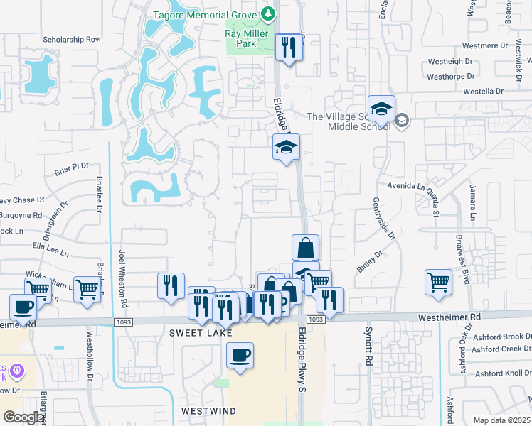 map of restaurants, bars, coffee shops, grocery stores, and more near 2119 Camden Creek Lane in Houston