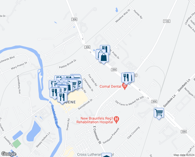 map of restaurants, bars, coffee shops, grocery stores, and more near 1253 Old Farm to Market Road 306 in New Braunfels