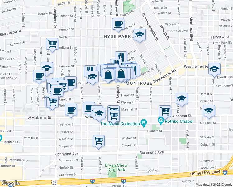 map of restaurants, bars, coffee shops, grocery stores, and more near 1704 Harold Street in Houston