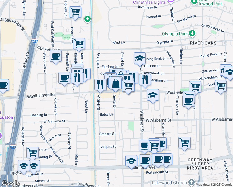 map of restaurants, bars, coffee shops, grocery stores, and more near 3995 Westheimer Road in Houston