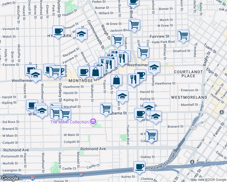 map of restaurants, bars, coffee shops, grocery stores, and more near 3406 Mount Vernon Street in Houston