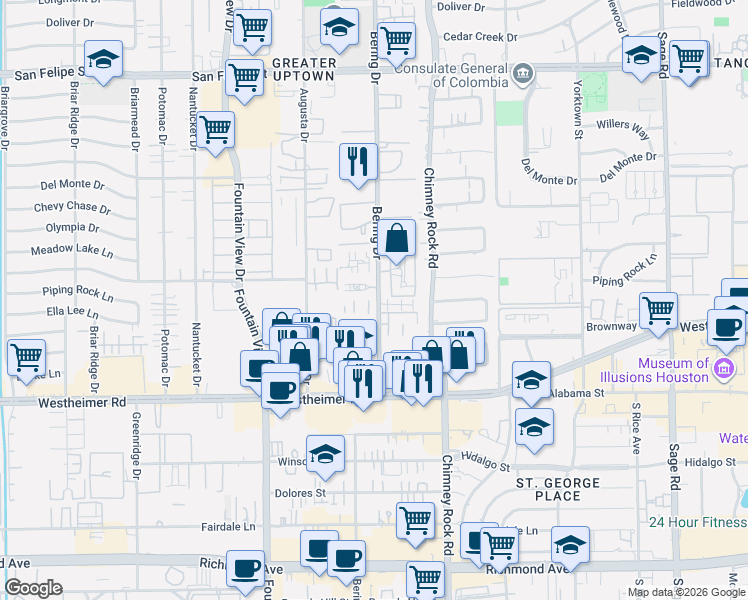 map of restaurants, bars, coffee shops, grocery stores, and more near 2390 Bering Drive in Houston