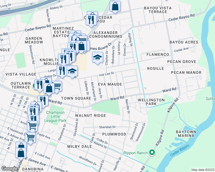 map of restaurants, bars, coffee shops, grocery stores, and more near in Baytown