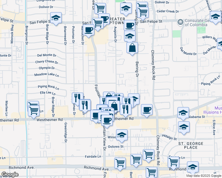 map of restaurants, bars, coffee shops, grocery stores, and more near 2401 Fountain View Drive in Houston