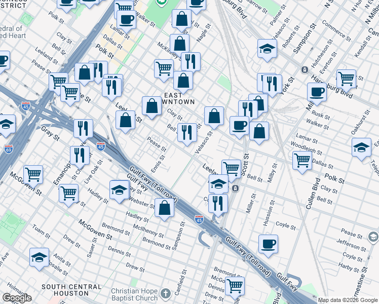 map of restaurants, bars, coffee shops, grocery stores, and more near 1516 Palmer Street in Houston