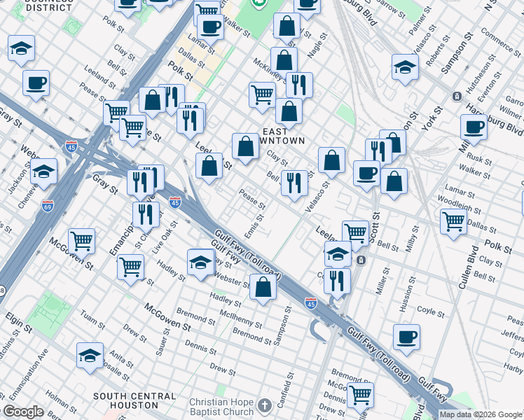 map of restaurants, bars, coffee shops, grocery stores, and more near 2905 Pease Street in Houston