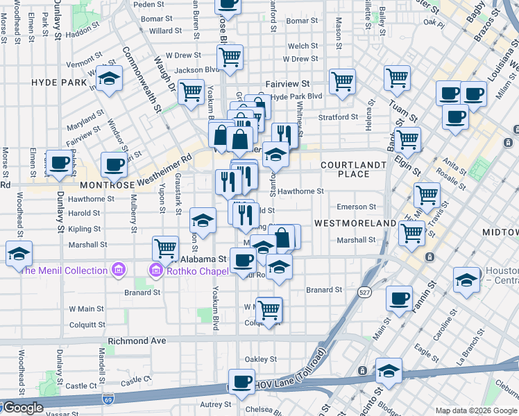map of restaurants, bars, coffee shops, grocery stores, and more near in Houston