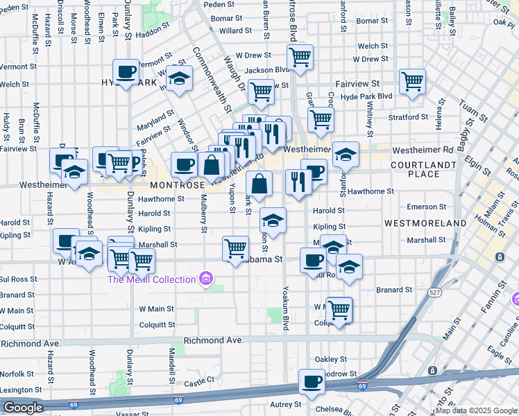 map of restaurants, bars, coffee shops, grocery stores, and more near 3406 Mount Vernon Street in Houston