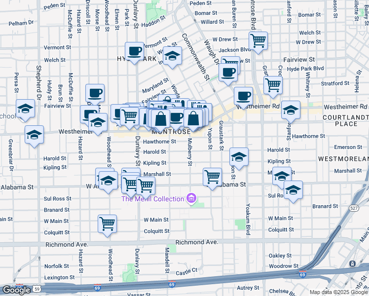 map of restaurants, bars, coffee shops, grocery stores, and more near in Houston