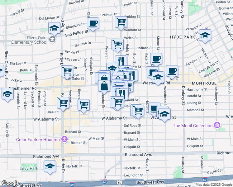 map of restaurants, bars, coffee shops, grocery stores, and more near 2119 Westheimer Road in Houston