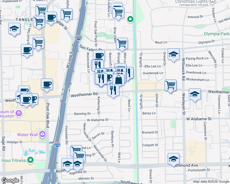 map of restaurants, bars, coffee shops, grocery stores, and more near 4326 Westheimer Road in Houston