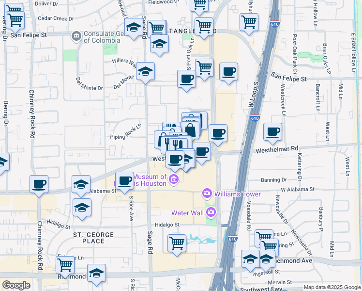 map of restaurants, bars, coffee shops, grocery stores, and more near 2500 McCue Road in Houston