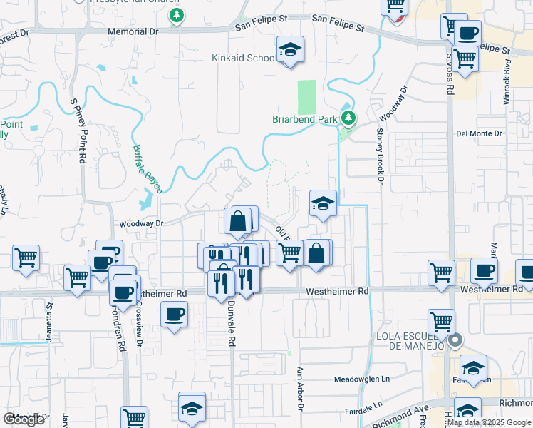 map of restaurants, bars, coffee shops, grocery stores, and more near 8100-8578 Woodway Dr in Houston