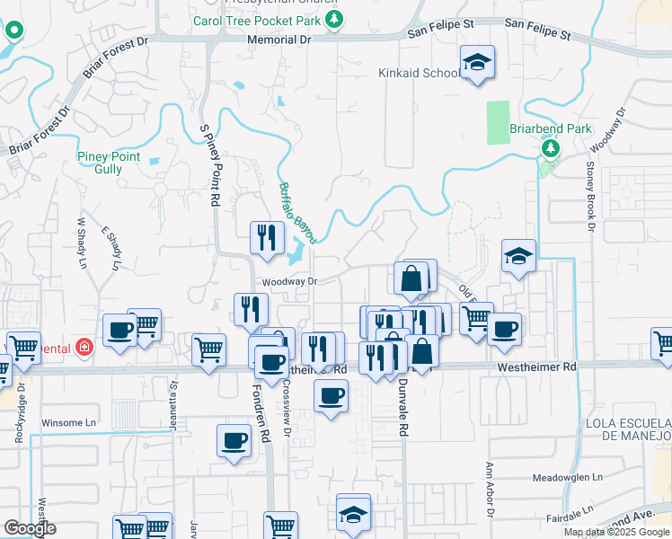 map of restaurants, bars, coffee shops, grocery stores, and more near 8700 Woodway Drive in Houston