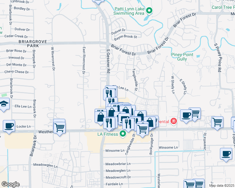 map of restaurants, bars, coffee shops, grocery stores, and more near 2401 South Gessner Road in Houston