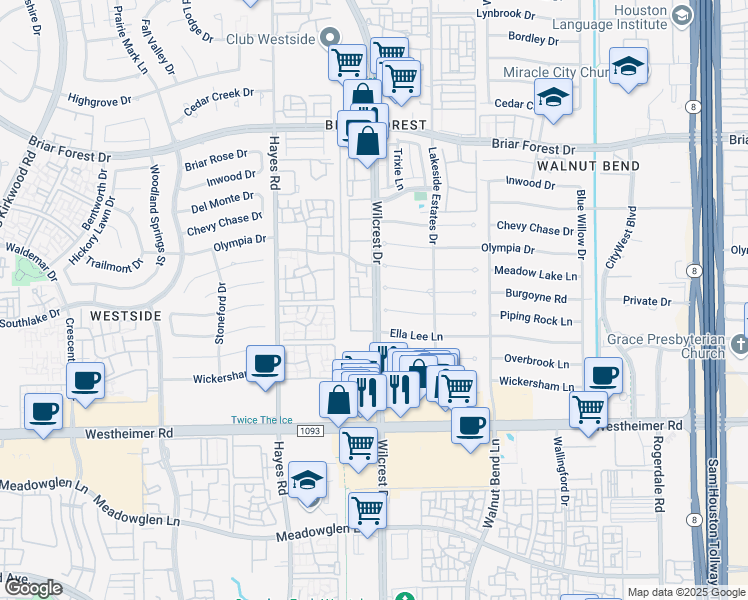 map of restaurants, bars, coffee shops, grocery stores, and more near 2300 Wilcrest Drive in Houston