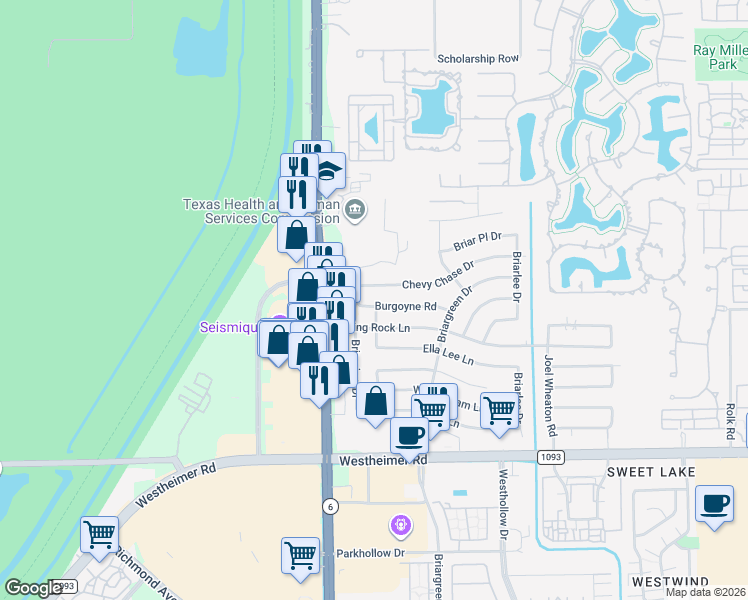 map of restaurants, bars, coffee shops, grocery stores, and more near 14315 Chevy Chase Drive in Houston