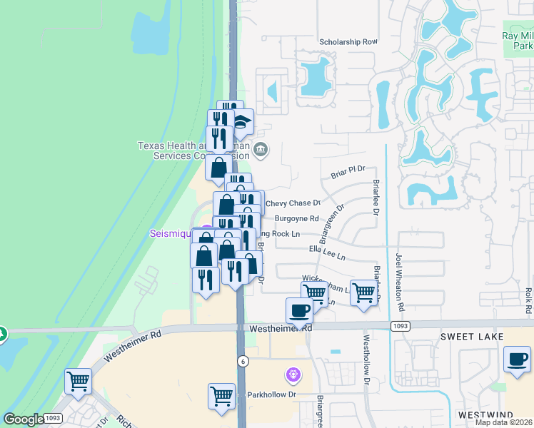 map of restaurants, bars, coffee shops, grocery stores, and more near 2030 Briarview Drive in Houston