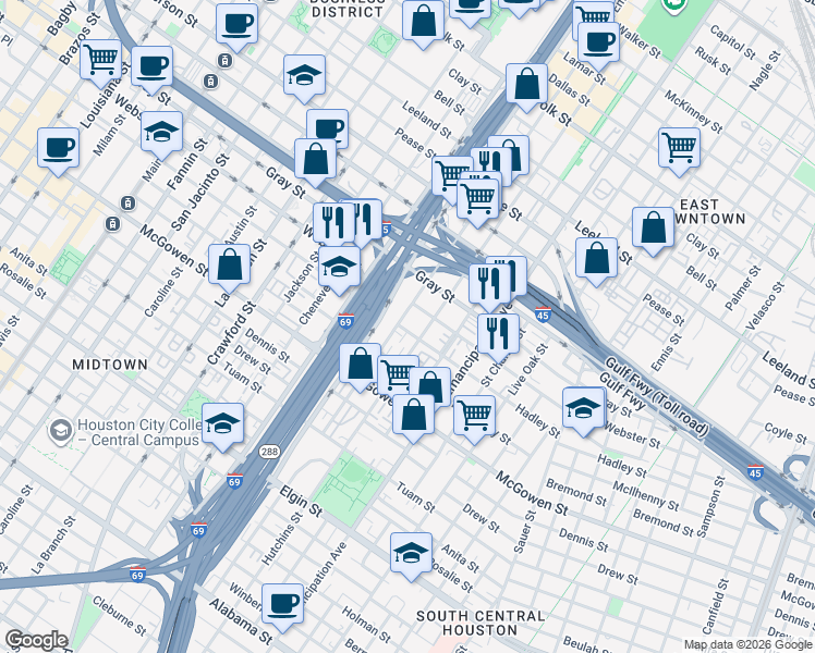 map of restaurants, bars, coffee shops, grocery stores, and more near 2104 Webster Street in Houston