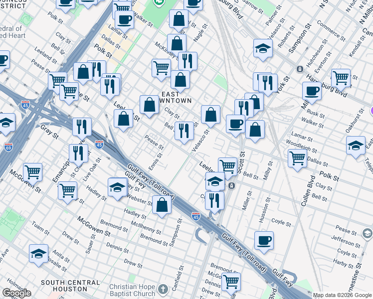map of restaurants, bars, coffee shops, grocery stores, and more near 1516 Palmer Street in Houston