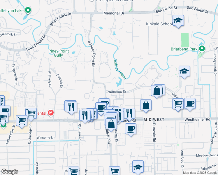 map of restaurants, bars, coffee shops, grocery stores, and more near 2411 Fondren Road in Houston