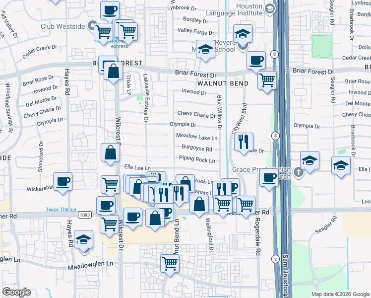map of restaurants, bars, coffee shops, grocery stores, and more near 10722 Burgoyne Road in Houston