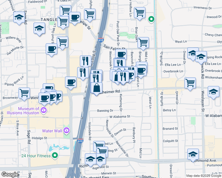 map of restaurants, bars, coffee shops, grocery stores, and more near 4594 Westheimer Road in Houston
