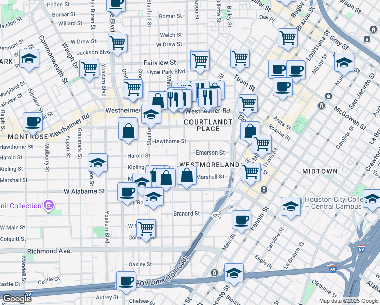 map of restaurants, bars, coffee shops, grocery stores, and more near Garrott Street & Emerson Street in Houston
