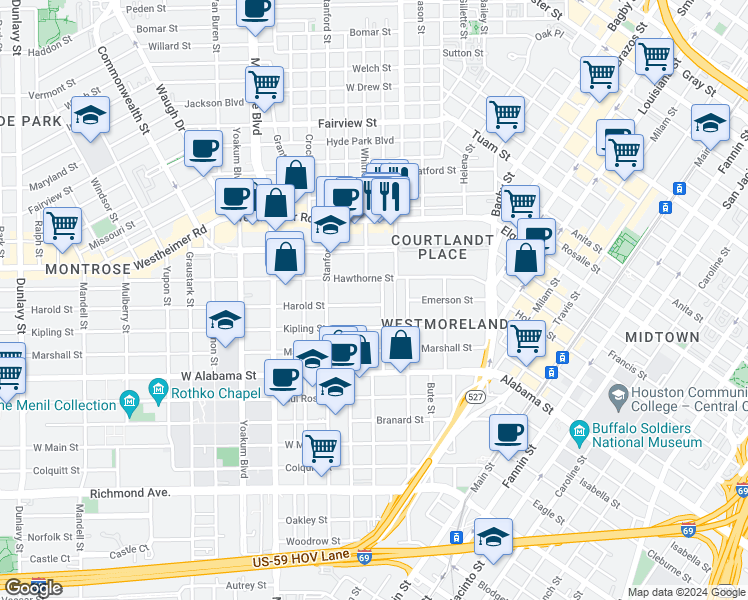 map of restaurants, bars, coffee shops, grocery stores, and more near 3403 Audubon Place in Houston