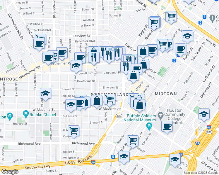 map of restaurants, bars, coffee shops, grocery stores, and more near Flora St & Emerson St in Houston