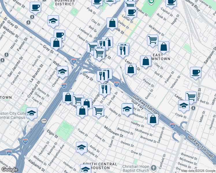 map of restaurants, bars, coffee shops, grocery stores, and more near 2427 Pierce Street in Houston
