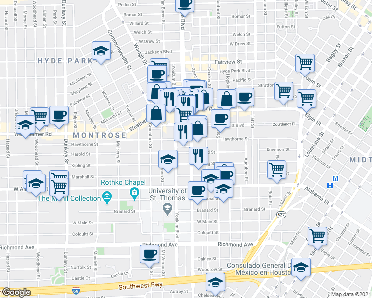 map of restaurants, bars, coffee shops, grocery stores, and more near 3317 Montrose Boulevard in Houston