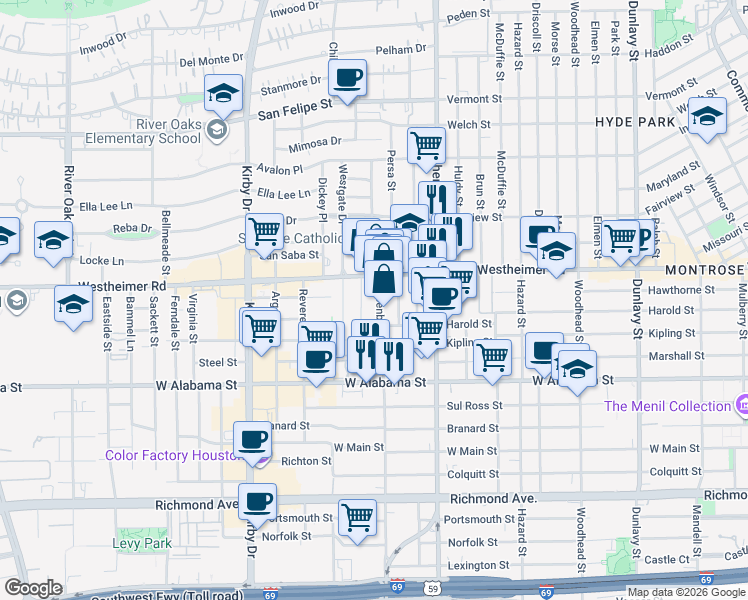 map of restaurants, bars, coffee shops, grocery stores, and more near 2614 Greenbriar Drive in Houston