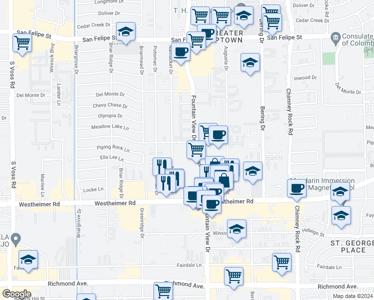 map of restaurants, bars, coffee shops, grocery stores, and more near in Houston