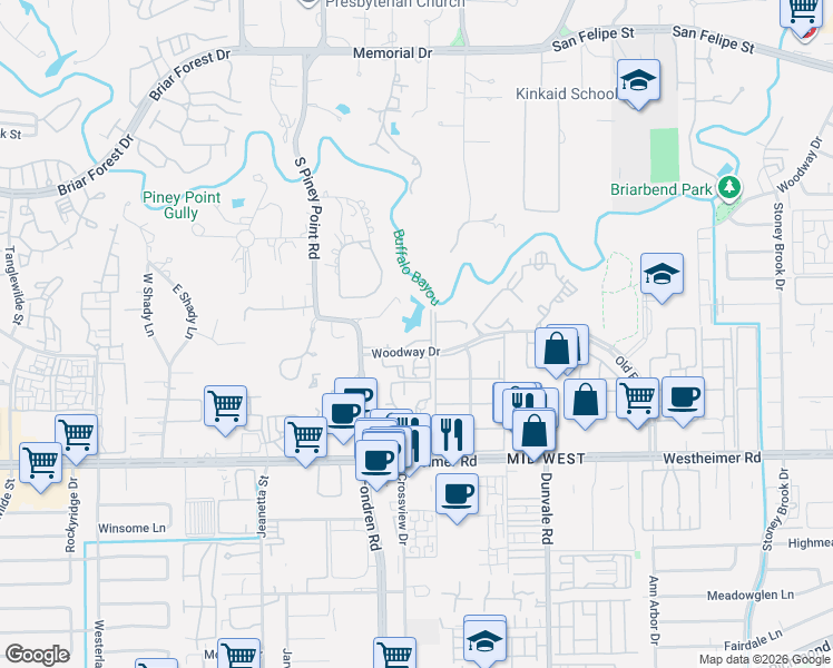 map of restaurants, bars, coffee shops, grocery stores, and more near 8800 Woodway Drive in Houston