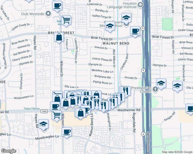 map of restaurants, bars, coffee shops, grocery stores, and more near 10722 Burgoyne Road in Houston