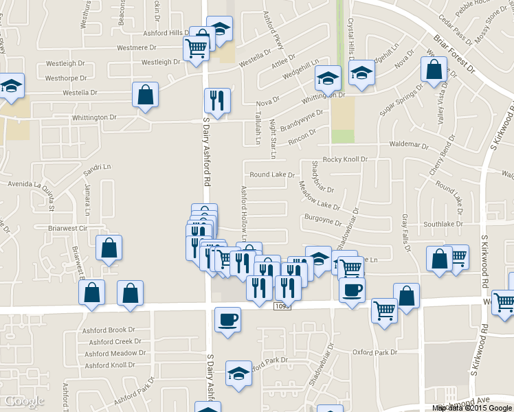 map of restaurants, bars, coffee shops, grocery stores, and more near 12519 Meadow Lake Drive in Houston