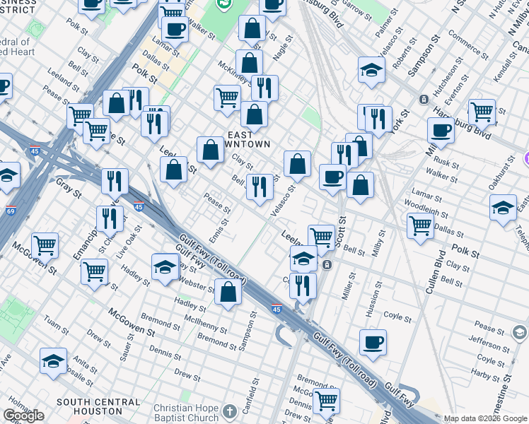 map of restaurants, bars, coffee shops, grocery stores, and more near 3115 Leeland Street in Houston
