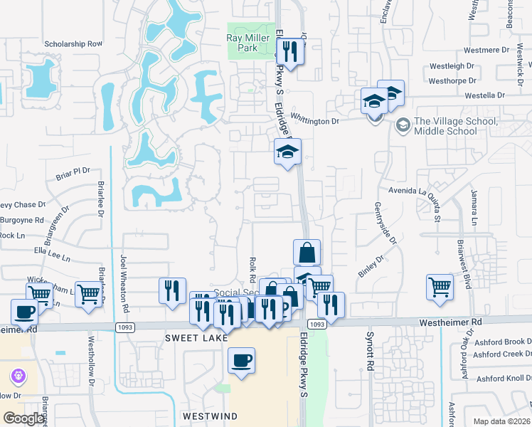 map of restaurants, bars, coffee shops, grocery stores, and more near 2250 Eldridge Parkway in Houston