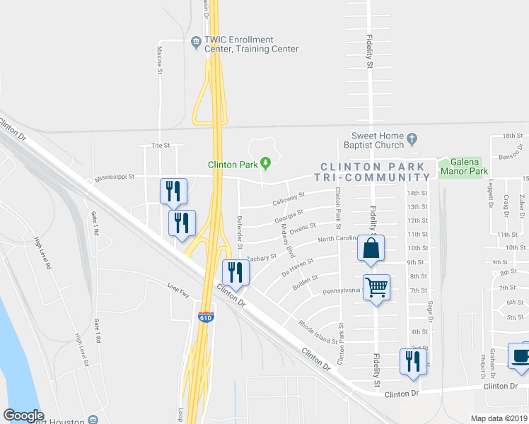 map of restaurants, bars, coffee shops, grocery stores, and more near 134 Calloway Street in Houston